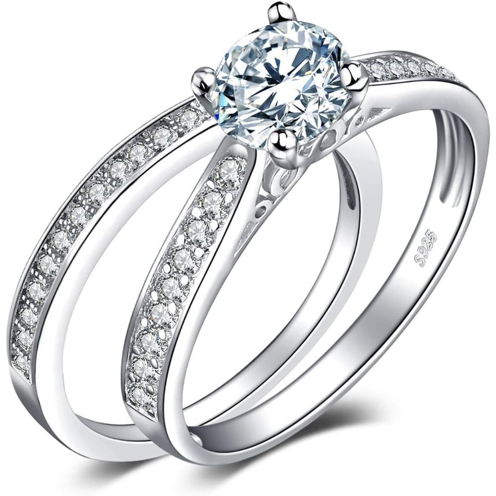 14k White Rose Gold Plated 1ct Simulated Diamond Silver Promise Ring Set For Wom